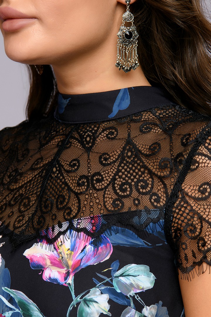 Фото товара 22252, платье черное длины миди с кружевной отделкой и цветочным принтом
